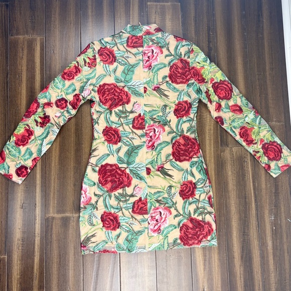 Size M Mock Neck Long Sleeve Mini Dress 3D Flowers Bodycon Tulle Red Pink Green - Picture 9 of 14